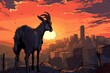 cartoon illustration, a goat in a destroyed city with a sunset