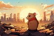 cartoon illustration, a hamster in a destroyed city with a sunset