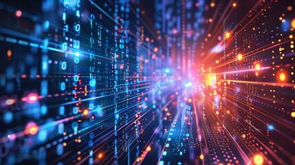 Abstract digital background with glowing binary code and data streams converging.