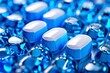 3D representation of blue pill tablets in a monochromatic manner, abstracted against a blue background.Tablets with white wallpaper strewn on a blue background. formatted vertically.
