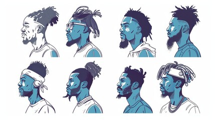 A collection of stylized male profile illustrations showing different hairstyles and beard styles.