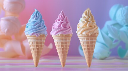 Sticker - Three colorful soft serve ice creams in waffle cones on a pastel background