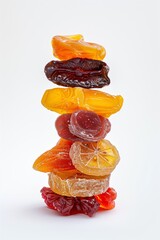 Sticker - A colorful stack of candied fruits and dried dates on a white background