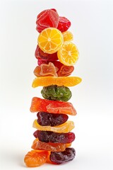 Sticker - A colorful tower of assorted sugar-coated gummy candies on a white background