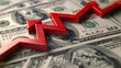 Red arrow on 100 dollar bill, economic crisis concept
