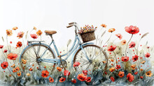 A Bicycle With A Basket Full Of Flowers On White Background.