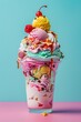 A tall and overflowing cup of colorful assorted ice creams with toppings