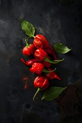 Poster - A cluster of vibrant red Scotch Bonnet peppers with leaves on a dark background