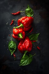 Sticker - Fresh red bell peppers and basil leaves on a dark textured background