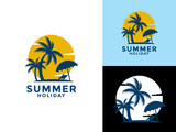 Fototapeta Zachód słońca - Summer Holiday logo icon, Summer beach logo design vector template