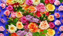 A Vibrant Array Of Flowers In Full Bloom. The Image Filled With Roses Of Various Colors Such As Pink, Orange, Peach