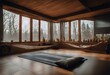 panoramic interior design practice ready wooden hammock accessories winter floor space window yoga roof studio meditation pillows Empty yoga mats
