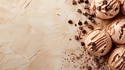 Canvas Print - Delicious scoops of chocolate ice cream with chocolate chips on textured surface.