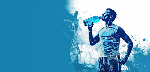 A male athlete drinks water from a bottle. Illustration in blue tones on a white and blue abstract background with copy space. A man exercising outdoors holding a water bottle in his hand