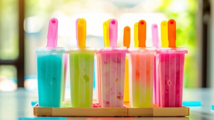 Sticker - Colorful homemade popsicles in plastic molds with a blurred background.