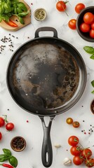 Sticker - Top view of a used frying pan with fresh ingredients scattered around on a white surface.