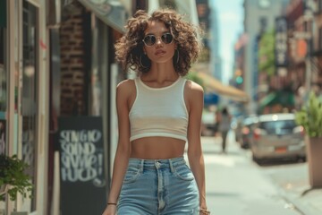 Wall Mural - New York woman in a cropped tank top, high-waisted jeans, casual sneakers, enjoying a sunny day in the city