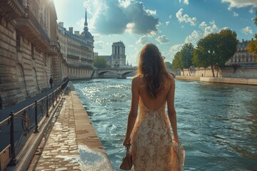 Wall Mural - young Parisian woman in a summer dress, elegant design, chic handbag, walking along the Seine River