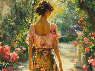 Wall Mural - Parisian woman in a summer blouse and skirt, stylish sandals, strolling through a Parisian garden