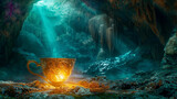 Fototapeta  -  A mystical tea cup glowing softly in the depths of an enchanted cave