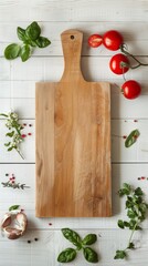 Poster - Fresh tomatoes, basil, parsley, chili peppers and garlic on a rustic white table with a cutting board