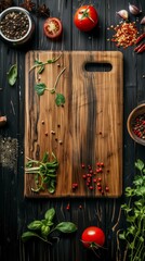 Wall Mural - A rustic culinary still life with fresh vegetables and spices on a dark wooden background