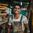 carpenter man smiling camera, factory background.