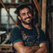 carpenter man smiling camera, factory background.