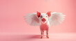 A pig with wings stands on a pink background. The pig is the main focus of the image, and the wings give it a sense of flight and freedom. pig with angel wings in a empty light pink background