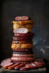 Wall Mural - Artfully stacked assortment of sliced sausages and cheese on a wooden surface.