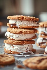 Wall Mural - Stack of ice cream sandwiches with chocolate chip cookies and melting ice cream