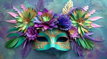 A Whimsical Paper Mask Adorned With Feathers And Paper Flowers. Use A Kaleidoscope Of Purple Green And Gold To Embody The Vibrant Spirit Of Mardi Gras