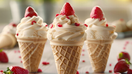 Canvas Print - Delicious vanilla ice cream cones topped with fresh strawberries and sprinkles