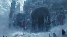 Panoramic View Of A Fortress's Heavily Warded Gates, Guarded By Conjured Elemental Beasts, With Wizards Overseeing From High Ramparts, Mist Swirling, Epic RPG Scene