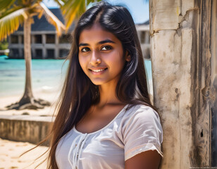 Beautiful Indian Girl in a Lovely Dress on the Shores of the Indian Ocean