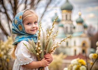 Palm Sunday. Christianity. Portrait of a three-year-old girl in a Russian folk shawl with willow branches in her hands against the background of a church and a sunset.