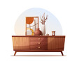 Wooden tv stand and decorative vases. Interior design, furniture, living room, home decor concept. Vector illustration.
