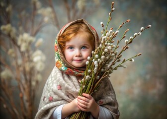 Palm Sunday. Christianity. Portrait of a three-year-old girl in a Russian folk shawl with willow branches in her hands on a background of a flowering willow.