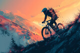 Fototapeta  - Cyclist with helmet and gear laboring up a shadowy mountain trail isolated on a gradient background of dusk hues