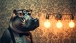 Hipster hippo in suspenders and a bow tie, wearing retro glasses, against a vintage wallpaper backdrop, lit with warm Edison bulbs, emanating quirky charm and nostalgia