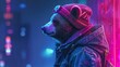 Urban-cool bear in a denim jacket, sporting a beanie with graffiti motifs, against a city skyline backdrop, lit with urban neon, exuding street-smart attitude and style