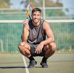 Poster - Portrait, happy and Indian man on tennis court for fitness training, cardio workout or sports exercise outdoors. Smile, confident and healthy athlete with racket to start challenge in game or match