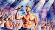 Handsome men shirtless sing a song on stage with colorful light, watercolor paunting style, generative AI.