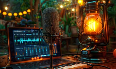 home podcasting scene with microphone, laptop displaying audio software, and cozy indoor lighting copy space,