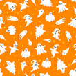 Vector Halloween ghost seamless pattern. Cute white flying ghosts on orange background with stars. Spooky cartoon character illustration for wrapping paper, fabric, holiday decoration, greeting design