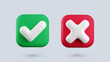 Vector 3d checkmarks icon set. Square glossy yes tick and no cross buttons with shadow. Check mark and X symbol in green and red square shape realistic 3d render. Right and wrong sign set.