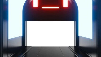 Wall Mural - futuristic opening gate or door in black moving sci fi technology tunnel or room with neon light. re