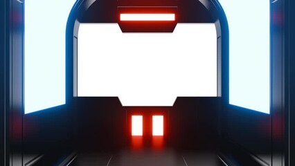 Wall Mural - futuristic opening gate or door in black moving sci fi technology tunnel or room with neon light. re