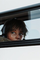 Tearful young boy with headphones peering through car window
