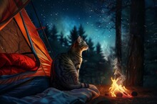 A Lying Cat In Nature Near A Campfire